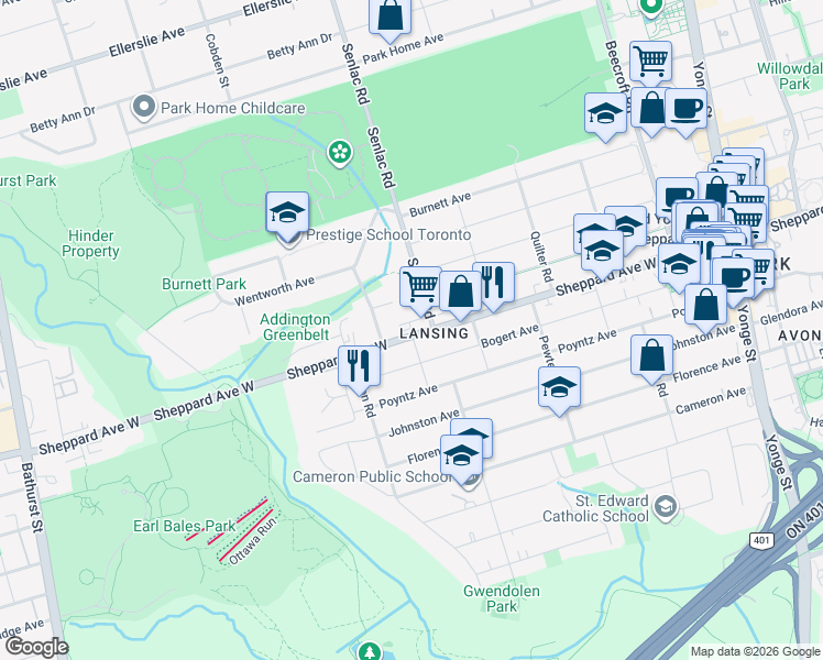 map of restaurants, bars, coffee shops, grocery stores, and more near 258 Sheppard Avenue West in Toronto