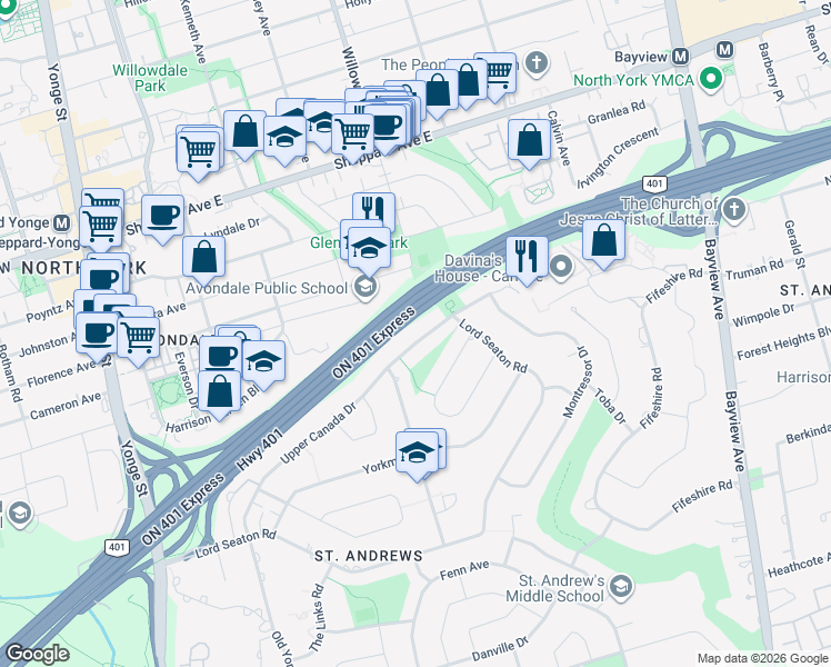map of restaurants, bars, coffee shops, grocery stores, and more near 152 Upper Canada Drive in Toronto