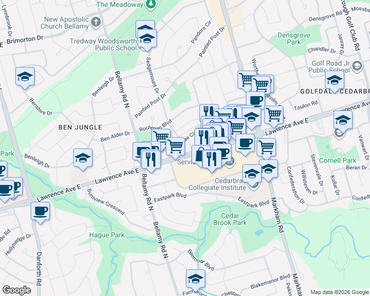 map of restaurants, bars, coffee shops, grocery stores, and more near 35 Greenbrae Circuit in Toronto