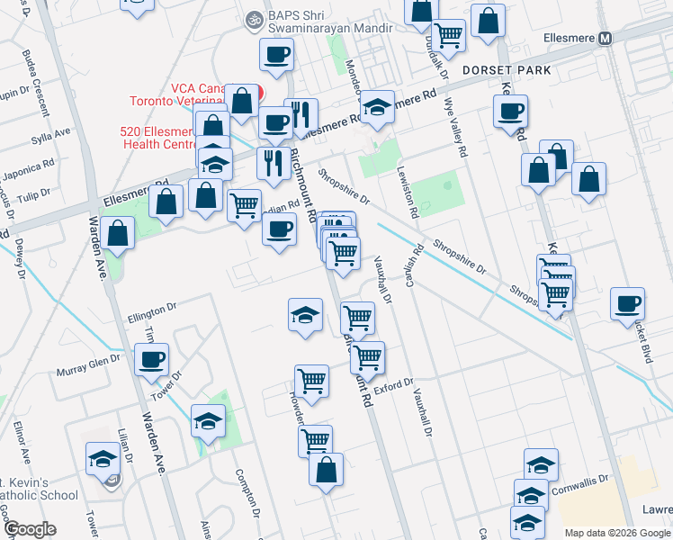 map of restaurants, bars, coffee shops, grocery stores, and more near 240 Vauxhall Drive in Toronto