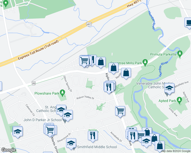 map of restaurants, bars, coffee shops, grocery stores, and more near 23 Cathy Jean Crescent in Toronto