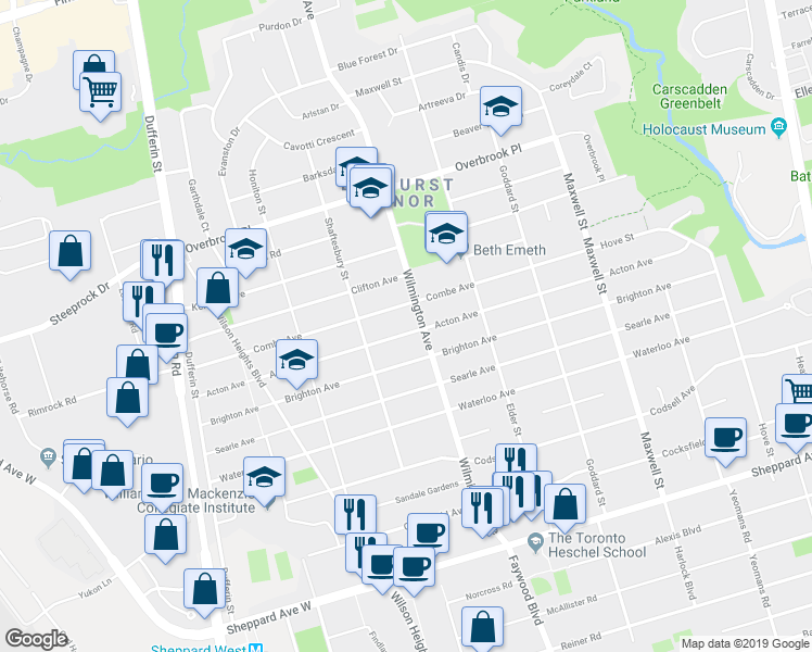 map of restaurants, bars, coffee shops, grocery stores, and more near 182 Acton Avenue in Toronto