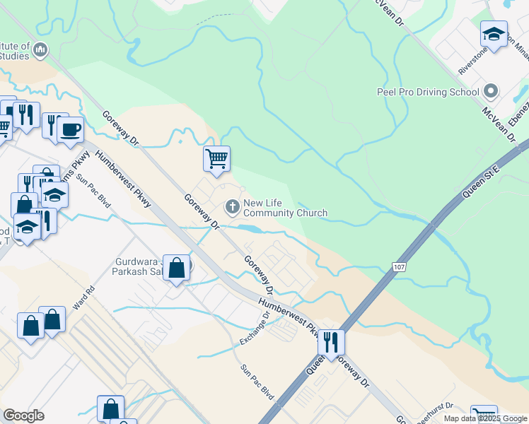 map of restaurants, bars, coffee shops, grocery stores, and more near 55 Yorkland Boulevard in Brampton