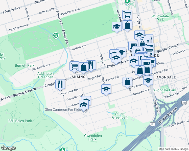 map of restaurants, bars, coffee shops, grocery stores, and more near 192 Bogert Avenue in Toronto