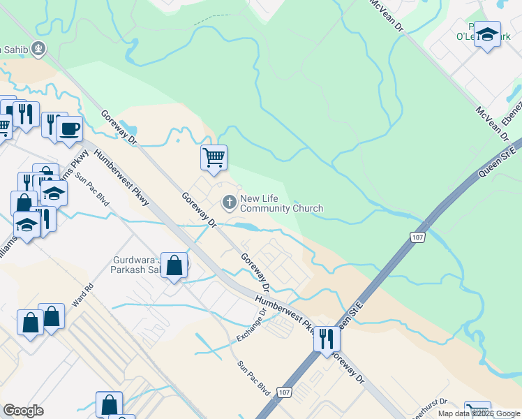 map of restaurants, bars, coffee shops, grocery stores, and more near 55 Yorkland Boulevard in Brampton