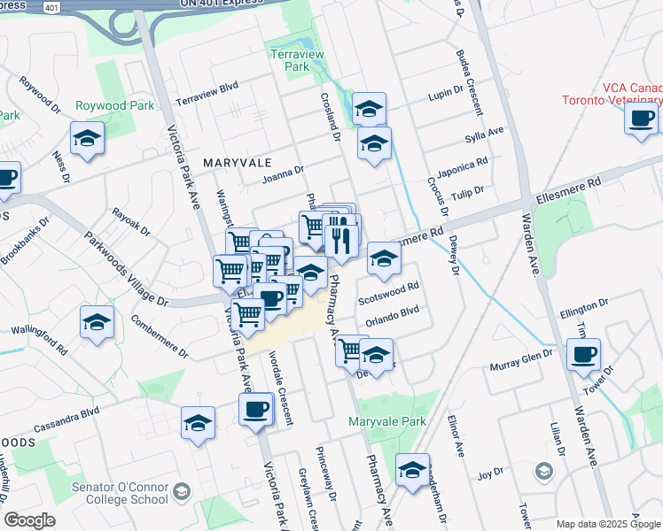 map of restaurants, bars, coffee shops, grocery stores, and more near Ellesmere Rd & Pharmacy Ave in Toronto