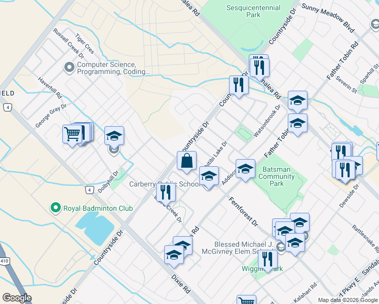 map of restaurants, bars, coffee shops, grocery stores, and more near 1747 Countryside Drive in Brampton