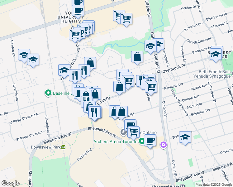 map of restaurants, bars, coffee shops, grocery stores, and more near 300 Steeprock Drive in Toronto