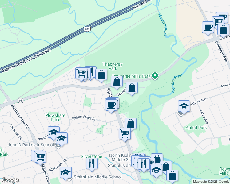 map of restaurants, bars, coffee shops, grocery stores, and more near 10 Markbrook Lane in Toronto