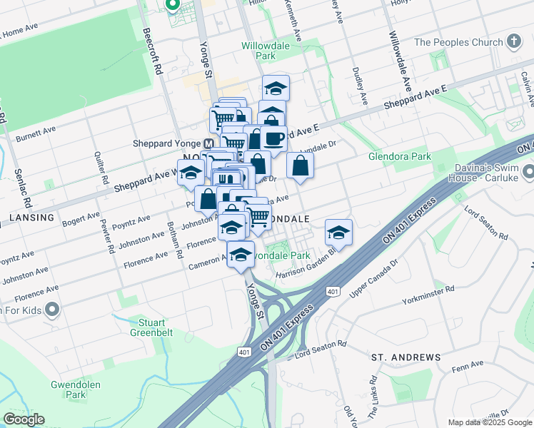 map of restaurants, bars, coffee shops, grocery stores, and more near 28 Avondale Avenue in Toronto