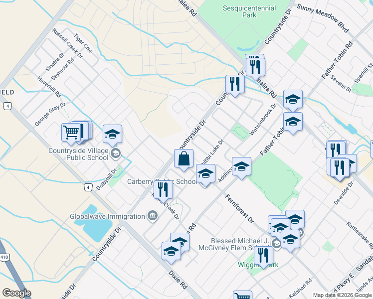 map of restaurants, bars, coffee shops, grocery stores, and more near 1741 Countryside Drive in Brampton