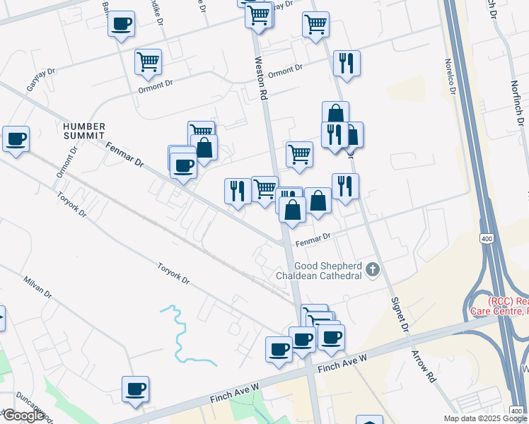 map of restaurants, bars, coffee shops, grocery stores, and more near in Toronto