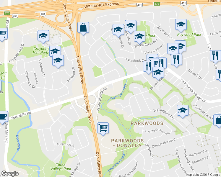 map of restaurants, bars, coffee shops, grocery stores, and more near 1227 York Mills Road in Toronto