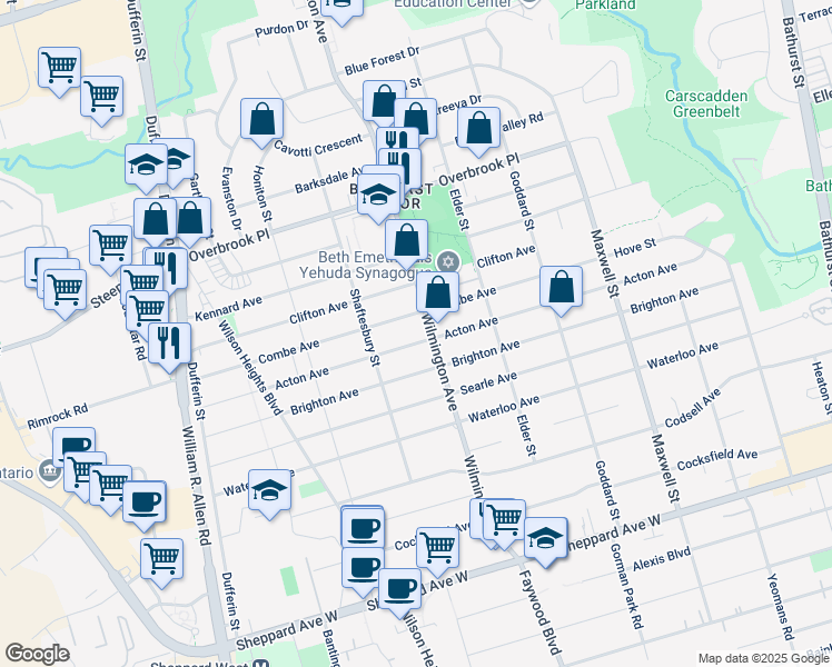 map of restaurants, bars, coffee shops, grocery stores, and more near in Toronto