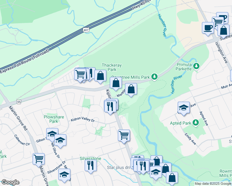 map of restaurants, bars, coffee shops, grocery stores, and more near 5000 Steeles Avenue West in Toronto