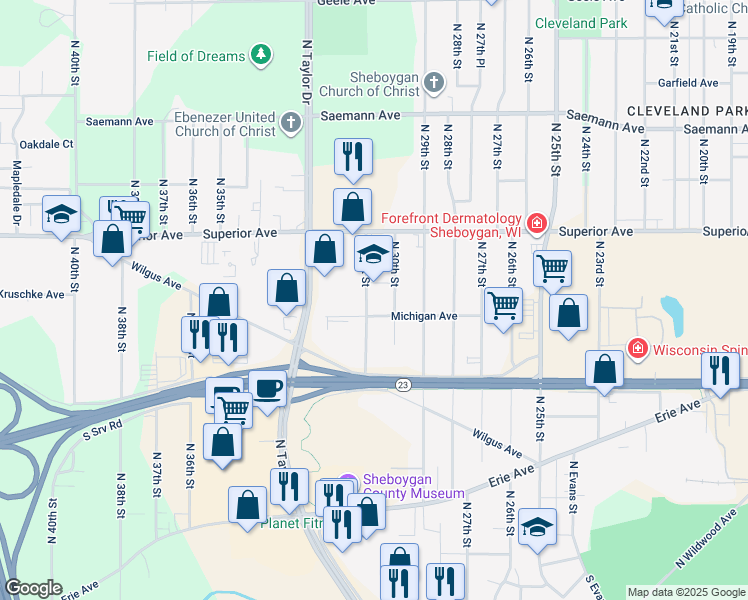 map of restaurants, bars, coffee shops, grocery stores, and more near 1337 North 31st Street in Sheboygan