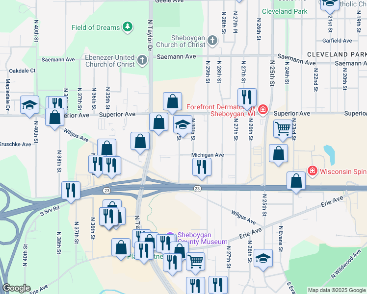 map of restaurants, bars, coffee shops, grocery stores, and more near 1337 North 31st Street in Sheboygan
