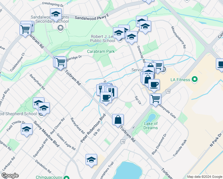 map of restaurants, bars, coffee shops, grocery stores, and more near 15 Eagleridge Drive in Brampton