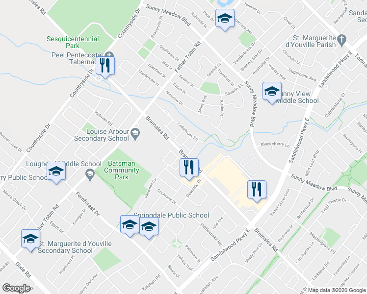 map of restaurants, bars, coffee shops, grocery stores, and more near 20 Shiraz Drive in Brampton