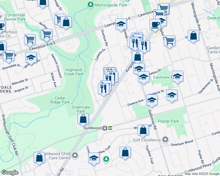 map of restaurants, bars, coffee shops, grocery stores, and more near 4180 Kingston Road in Toronto