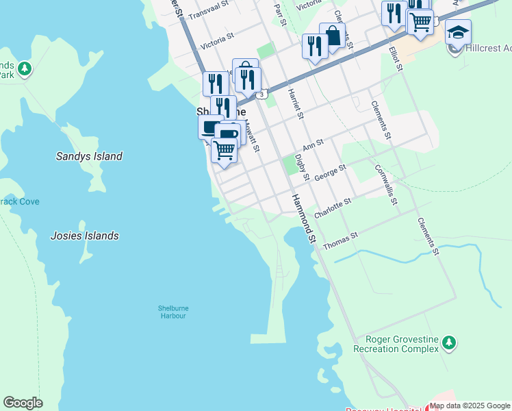 map of restaurants, bars, coffee shops, grocery stores, and more near 17 George Street in Shelburne