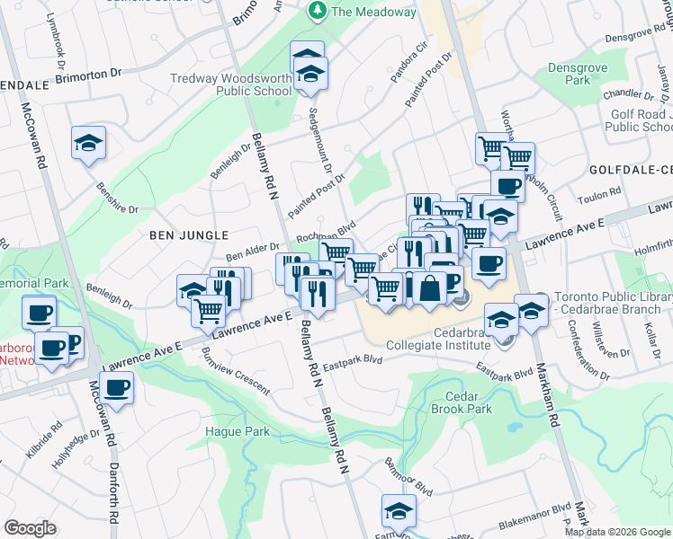 map of restaurants, bars, coffee shops, grocery stores, and more near 21 Indian Mound Crescent in Toronto