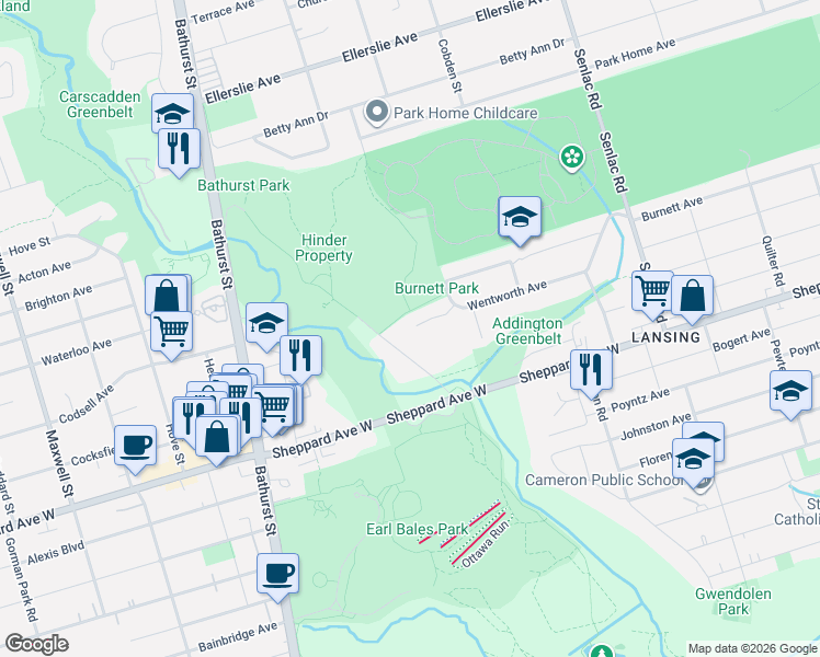 map of restaurants, bars, coffee shops, grocery stores, and more near 16 Audubon Court in Toronto