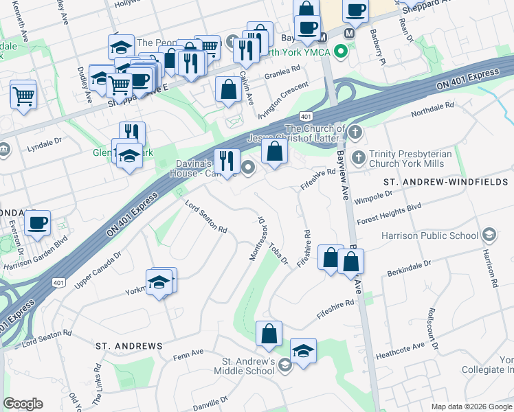 map of restaurants, bars, coffee shops, grocery stores, and more near 67 Montressor Drive in Toronto