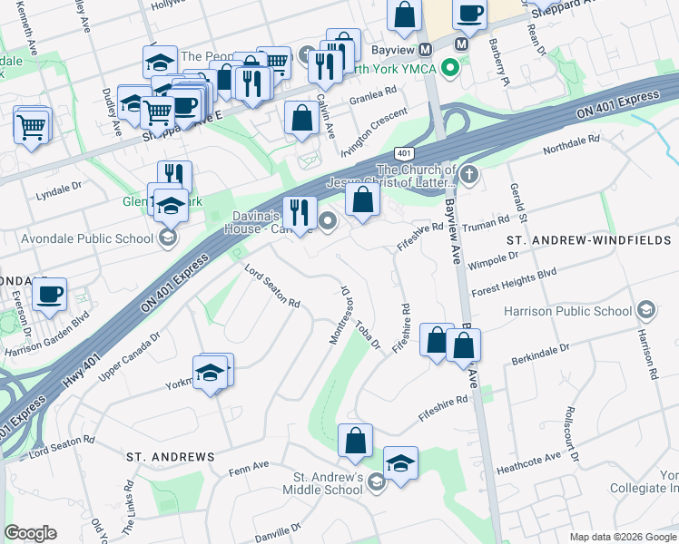 map of restaurants, bars, coffee shops, grocery stores, and more near in Toronto