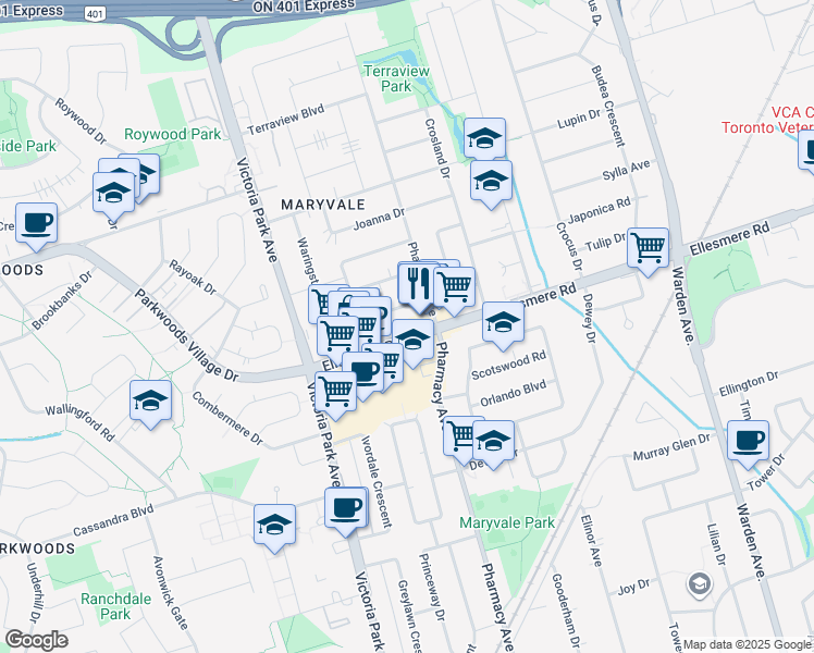 map of restaurants, bars, coffee shops, grocery stores, and more near in Toronto