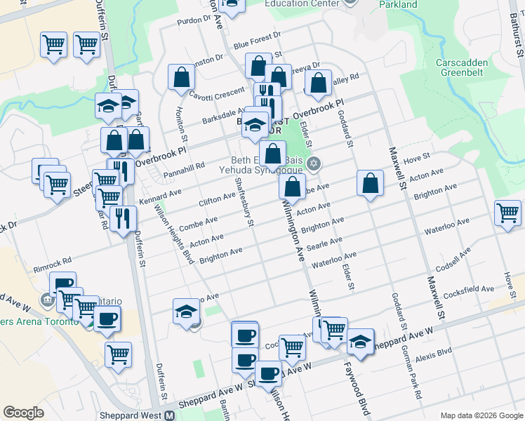 map of restaurants, bars, coffee shops, grocery stores, and more near 135 Combe Avenue in Toronto