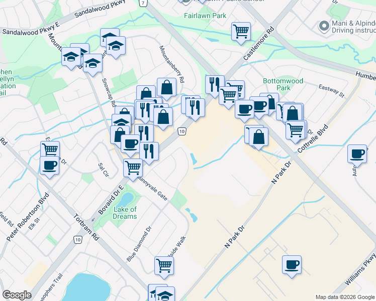 map of restaurants, bars, coffee shops, grocery stores, and more near 106 Pennyroyal Crescent in Brampton