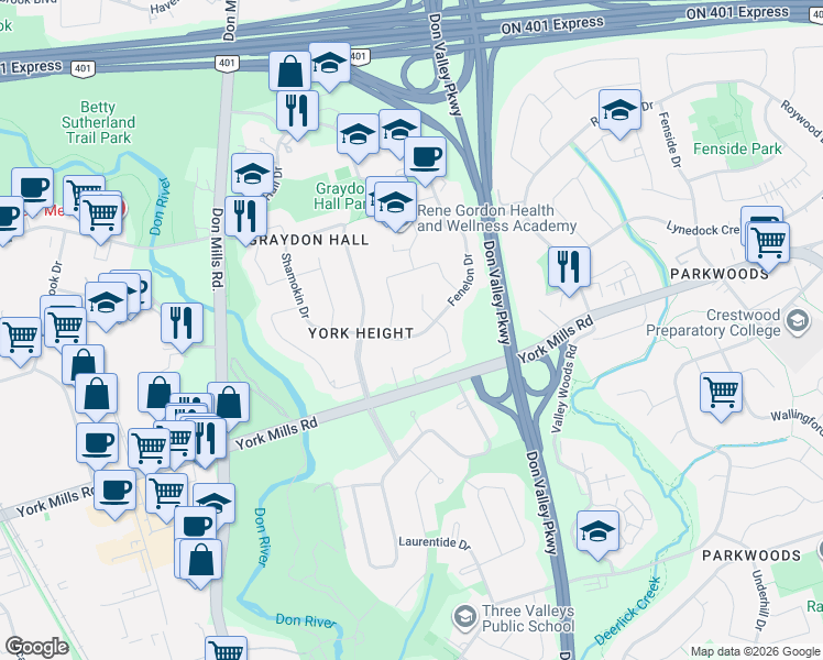 map of restaurants, bars, coffee shops, grocery stores, and more near 22 Fenelon Drive in Toronto