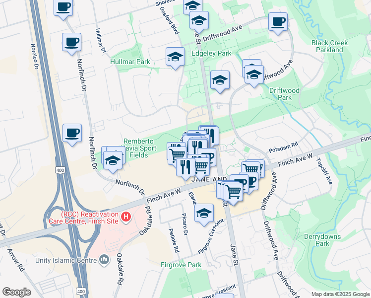 map of restaurants, bars, coffee shops, grocery stores, and more near in Toronto
