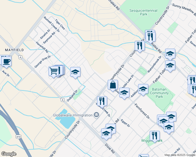 map of restaurants, bars, coffee shops, grocery stores, and more near 20 Russell Creek Drive in Brampton