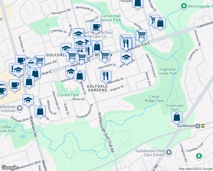 map of restaurants, bars, coffee shops, grocery stores, and more near 29 Marcella Street in Toronto