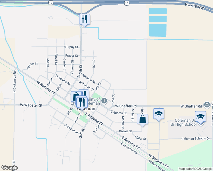 map of restaurants, bars, coffee shops, grocery stores, and more near 516 4th Street in Coleman