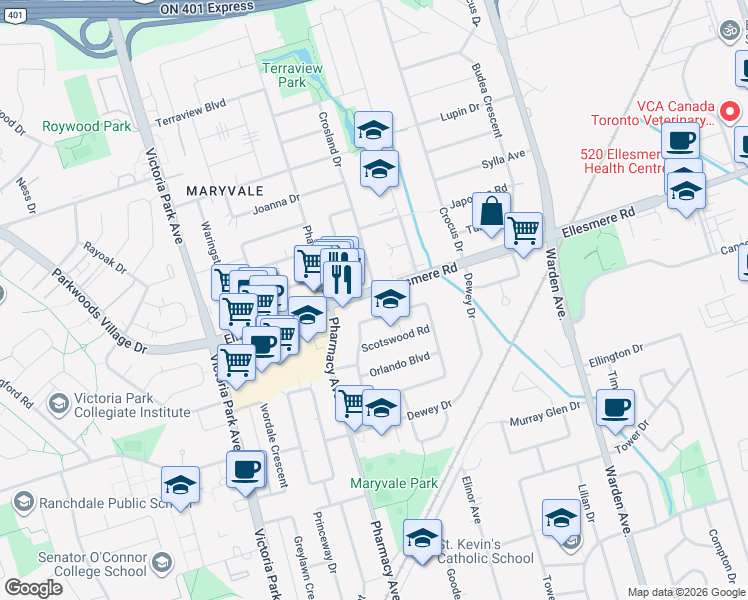 map of restaurants, bars, coffee shops, grocery stores, and more near in Toronto