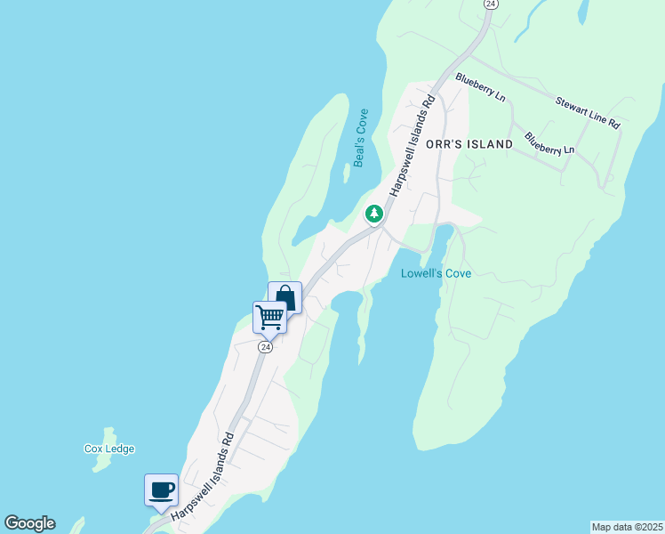 map of restaurants, bars, coffee shops, grocery stores, and more near 1746 Harpswell Island Road in Harpswell