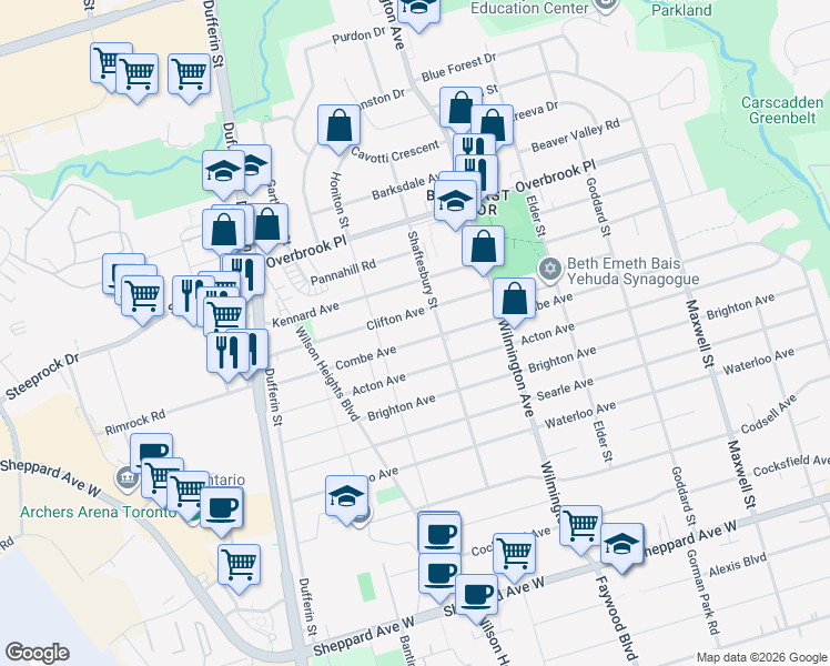 map of restaurants, bars, coffee shops, grocery stores, and more near in Toronto