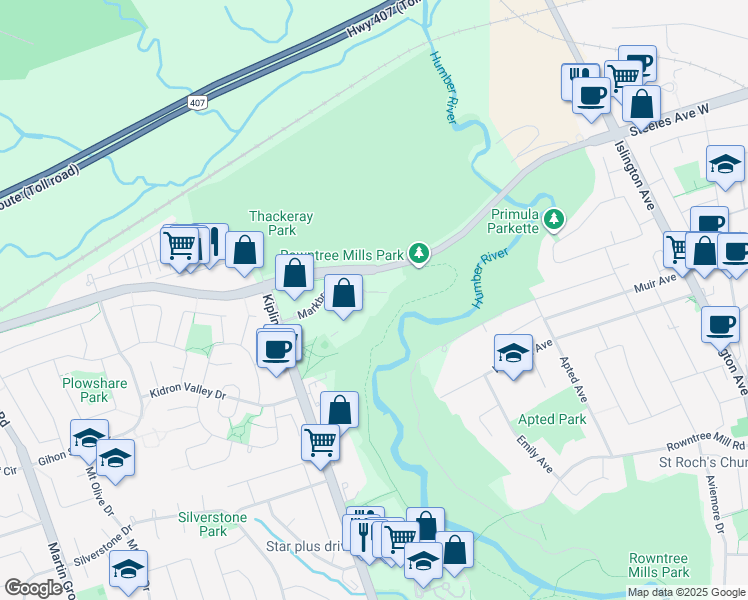 map of restaurants, bars, coffee shops, grocery stores, and more near 61 Markbrook Lane in Toronto