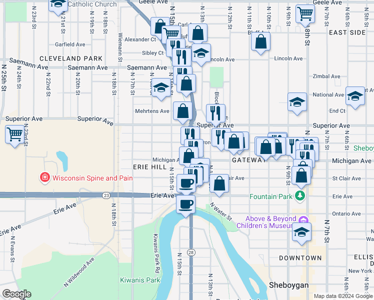 map of restaurants, bars, coffee shops, grocery stores, and more near in Sheboygan