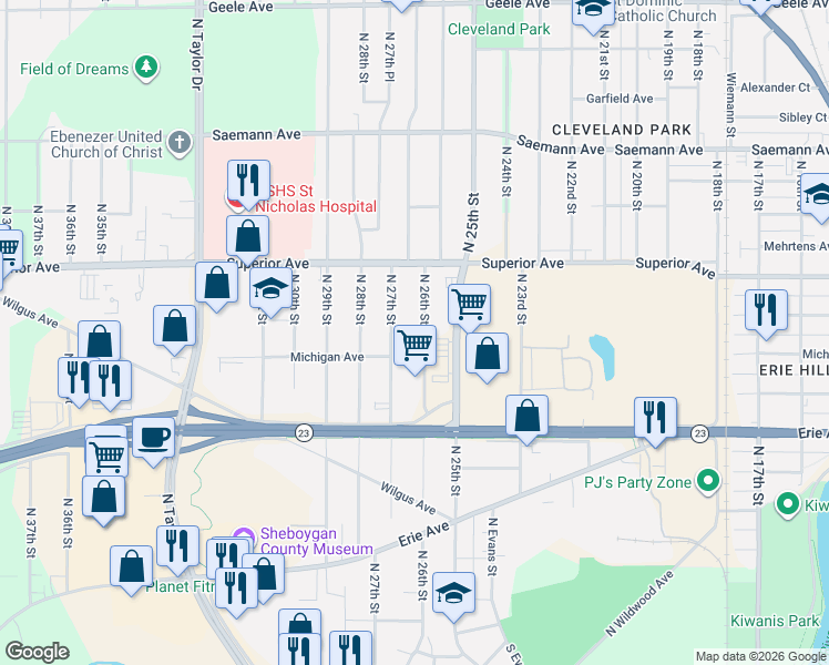 map of restaurants, bars, coffee shops, grocery stores, and more near 1330 North 26th Street in Sheboygan