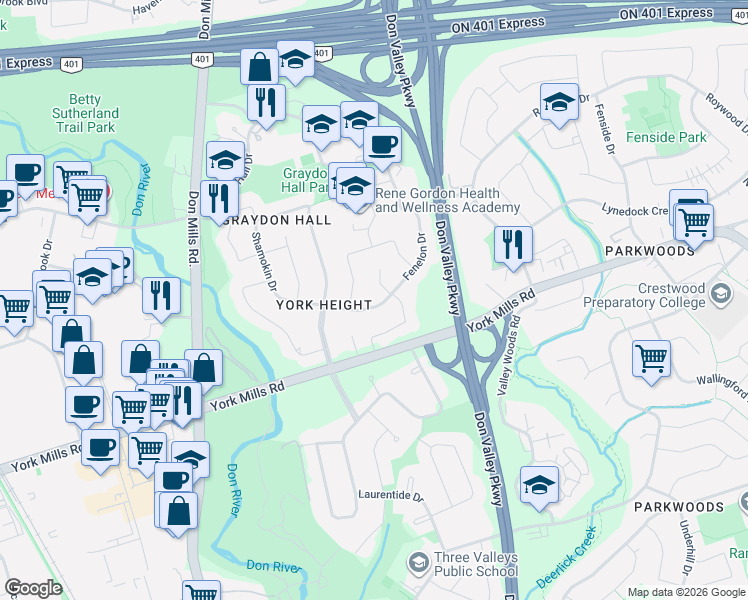 map of restaurants, bars, coffee shops, grocery stores, and more near 24 Fenelon Drive in Toronto