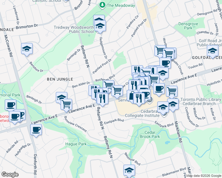 map of restaurants, bars, coffee shops, grocery stores, and more near in Toronto