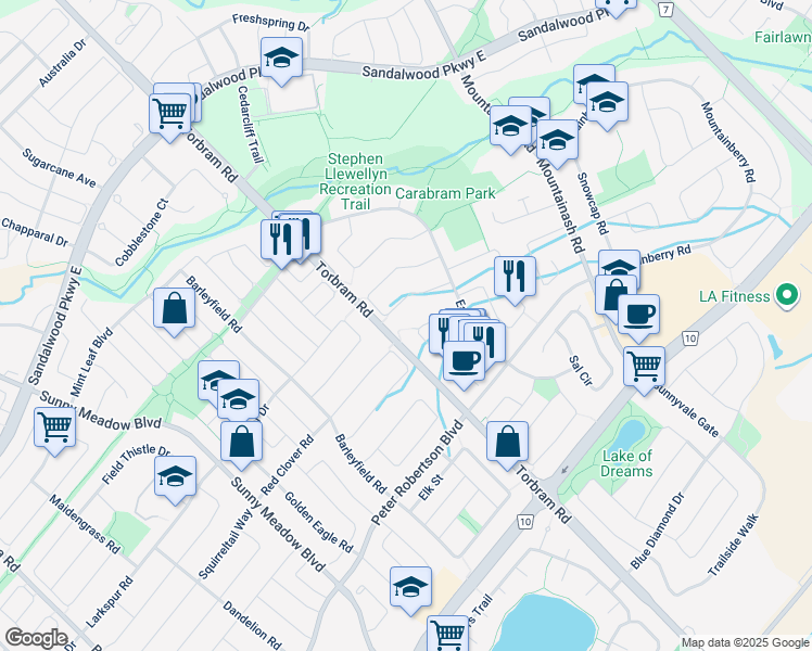 map of restaurants, bars, coffee shops, grocery stores, and more near 62 Peace Valley Crescent in Brampton