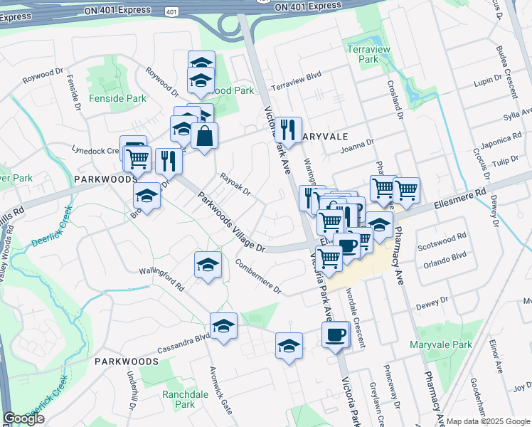 map of restaurants, bars, coffee shops, grocery stores, and more near 112 Combermere Drive in Toronto
