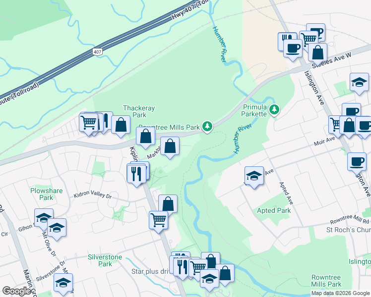 map of restaurants, bars, coffee shops, grocery stores, and more near 61 Markbrook Lane in Toronto