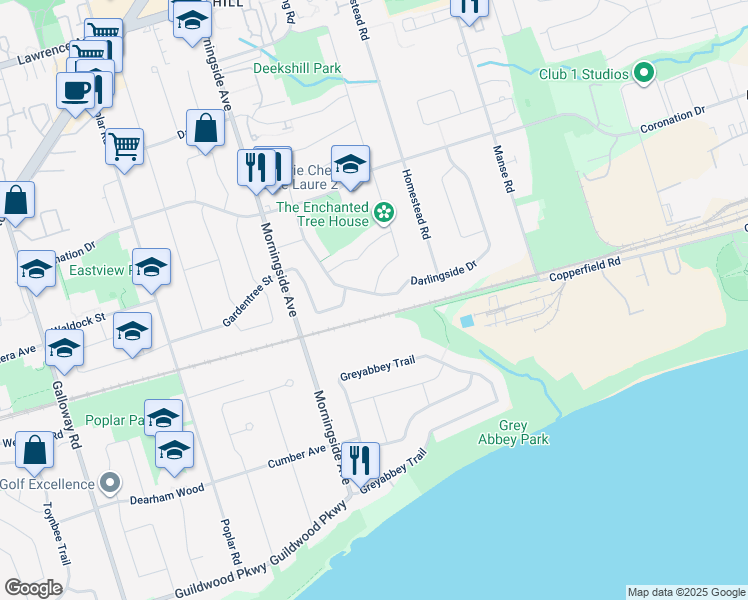 map of restaurants, bars, coffee shops, grocery stores, and more near 61 Darlingside Drive in Toronto