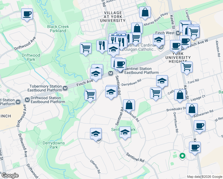 map of restaurants, bars, coffee shops, grocery stores, and more near 196 Derrydown Road in Toronto